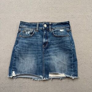 American Eagle Mini Skirt Women's 2 Blue Denim Med Wash Super Stretch Distressed